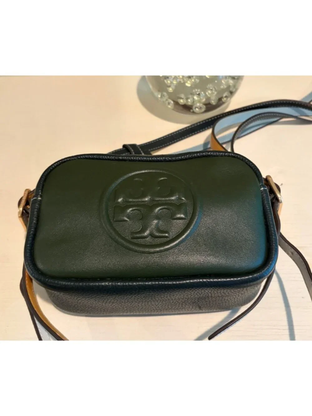 Tory Burch Perry Bombe Leather Patina Dark Green Crossbody Bag - Picture 11 of 12